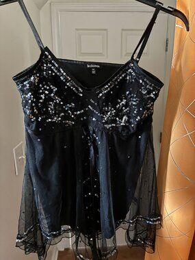 Black Sequin and Frill Spagetti Strap Top - M